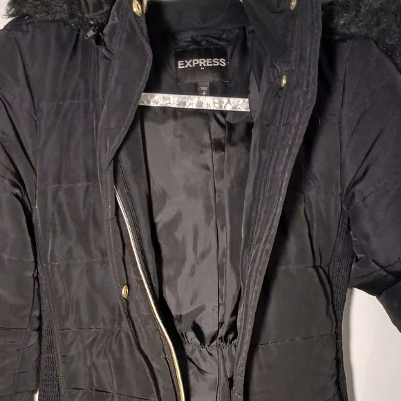 Express Hooded Black Puffer Coat with Gold Details - Picture 10 of 11